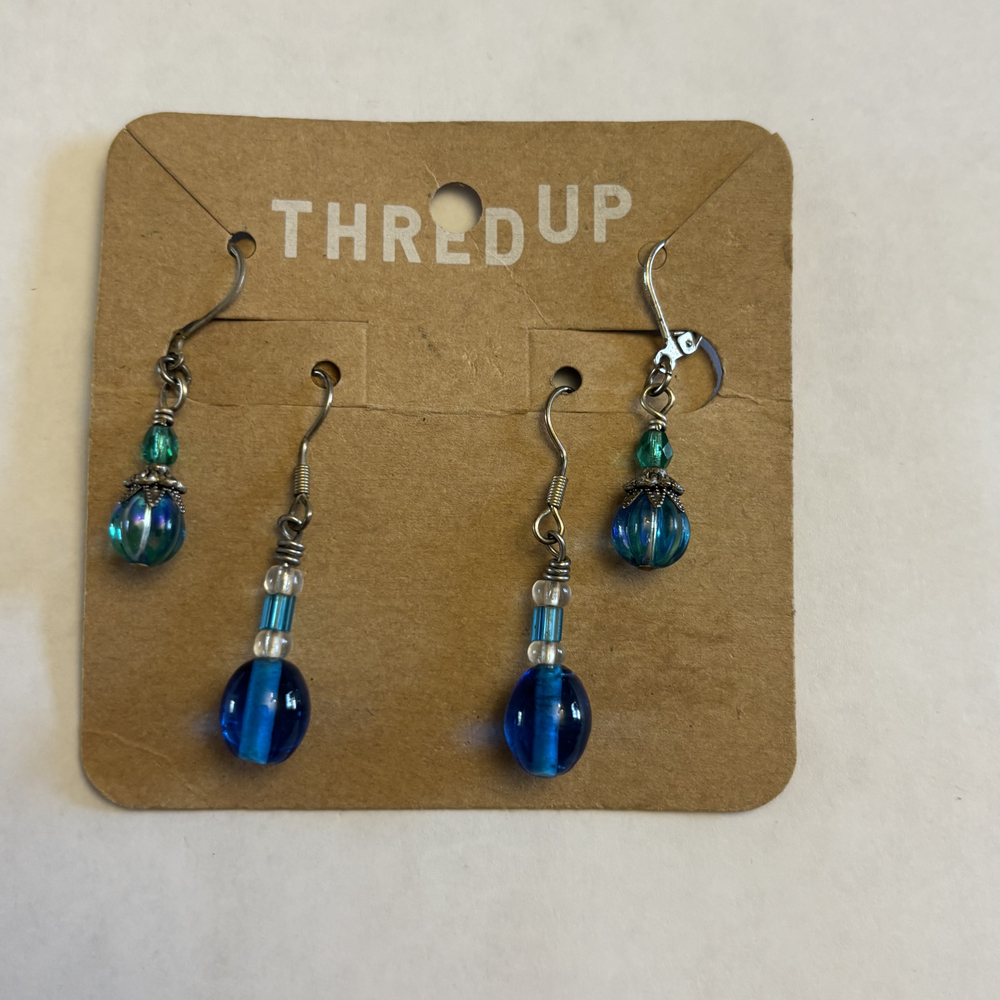 ThredUp Blue & Teal Glass Bead Wire Wrap Dangle Earrings NWT